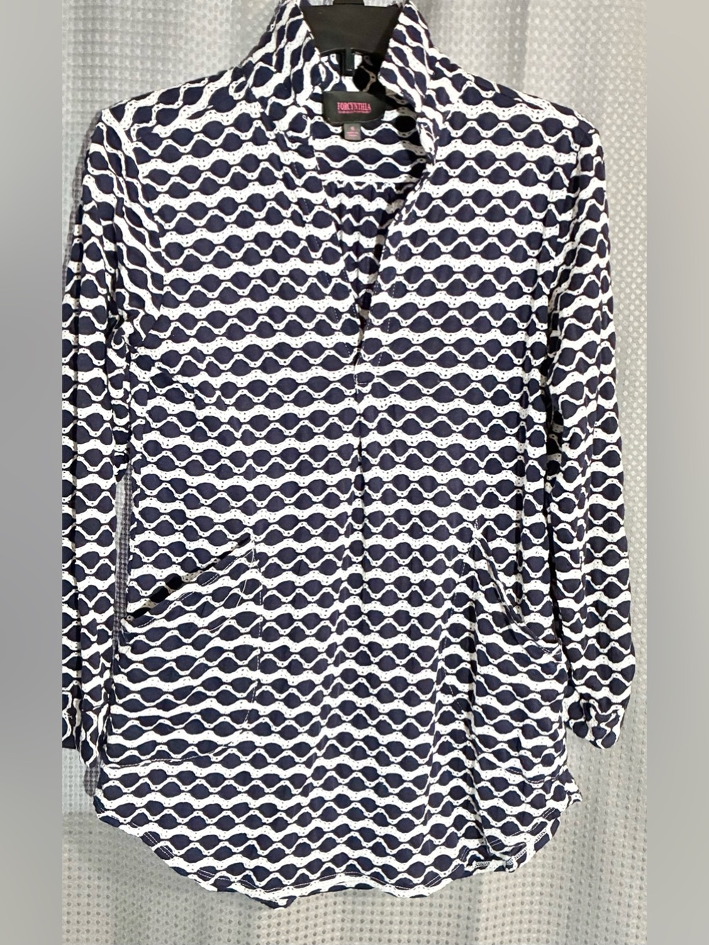 For Cynthia Navy Wave-Pattern Shirt Sz S Pockets Stretch comfy